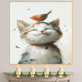 Adorable Painting of a Smiling Kitten with a Robin on Its Head and Red Collar Perfect for Whimsical Animal Decor or a Gift for Cat and Bird Lovers on Ready to Hang 1.5" Thick Canvas Wrap, Floating Framed Canvas, Flat Rolled Canvas